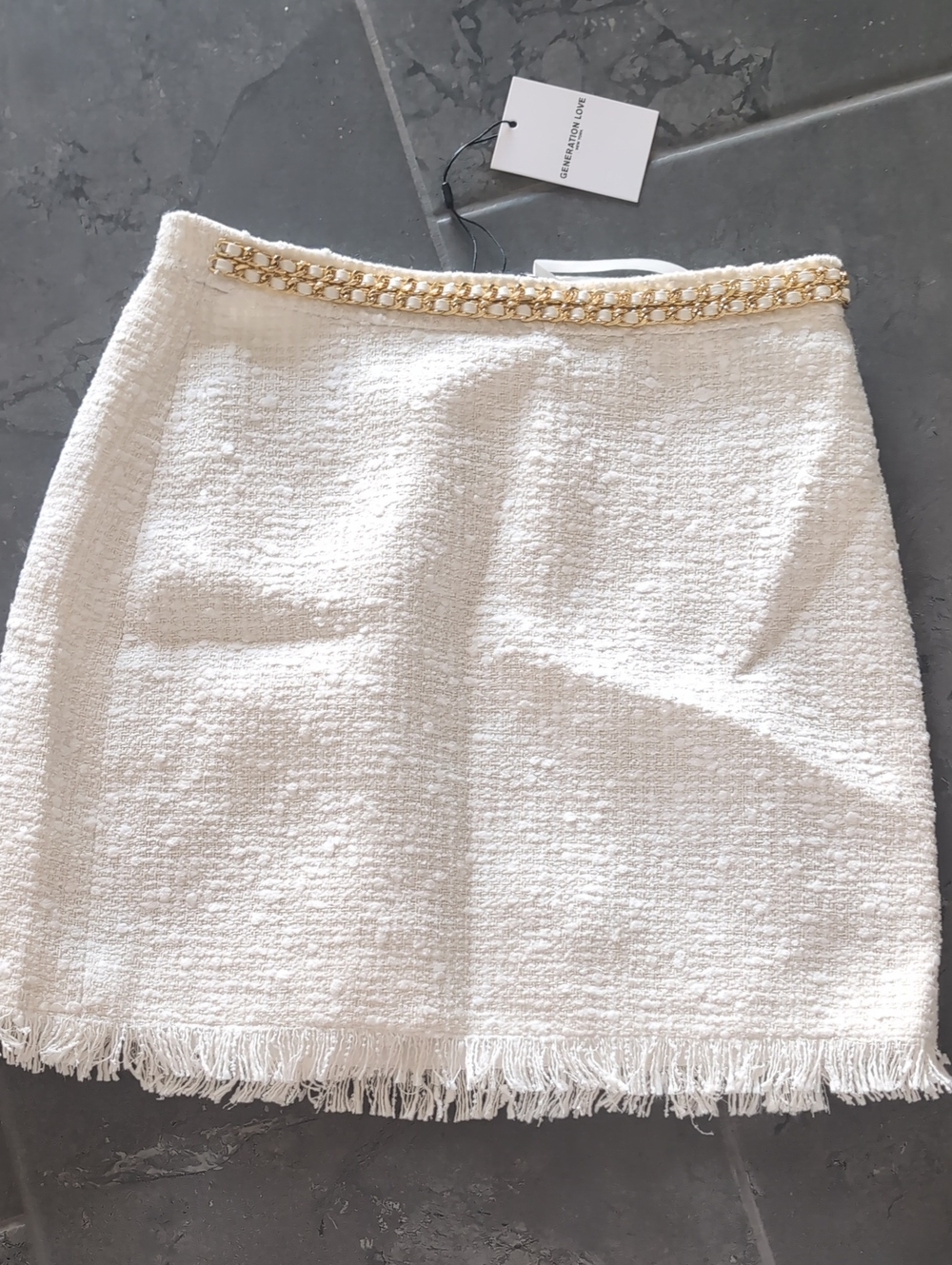 Generation Love  Size 4;Chic Cream Bouclé Mini Skirt with Gold Trim